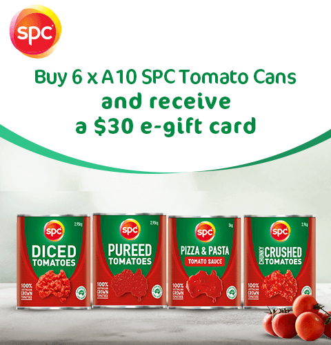 Buy 6 SPC tomatoes cans and receive a $30 eGift card